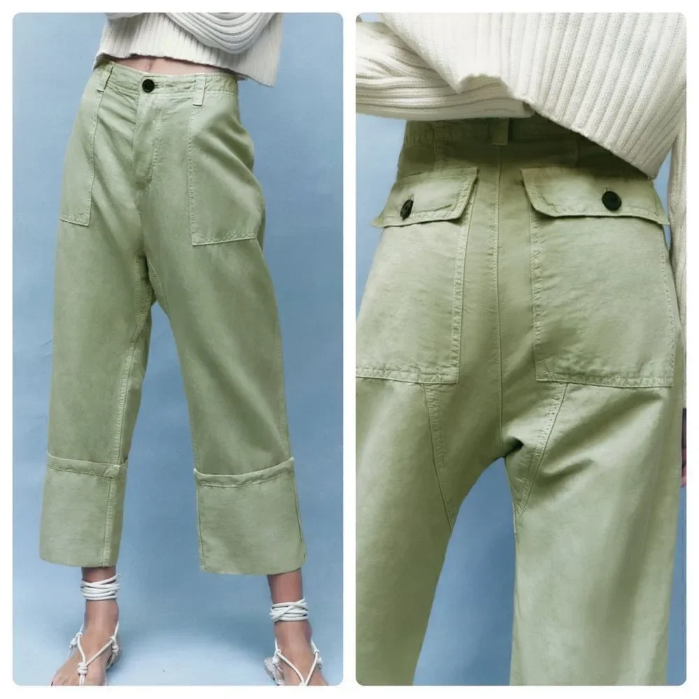 Zara LINEN BLEND TURNED UP CUFF PANTS
